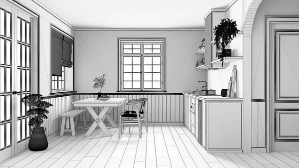 Blueprint unfinished project draft, farmhouse bleached wooden kitchen with dining room. Cabinets and table with chair. Japandi interior design