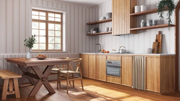 Farmhouse wooden kitchen and dining room in white and beige tones. Cabinets and table with chair. Wallpaper and parquet floor. Wabi sabi interior design