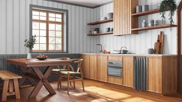 Farmhouse wooden kitchen and dining room in white and gray tones. Cabinets and table with chair. Wallpaper and parquet floor. Wabi sabi interior design