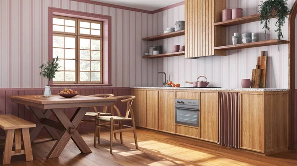 Farmhouse wooden kitchen and dining room in white and red tones. Cabinets and table with chair. Wallpaper and parquet floor. Wabi sabi interior design