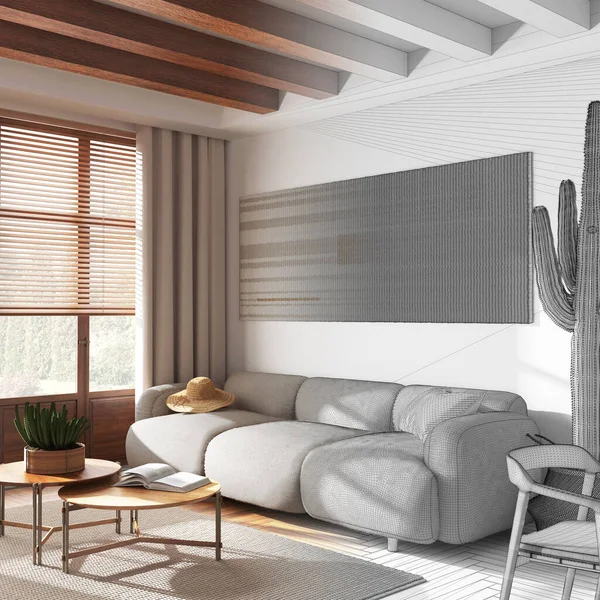 Architect interior designer concept: hand-drawn draft unfinished project that becomes real, wooden japandi living and room. Farmhouse style