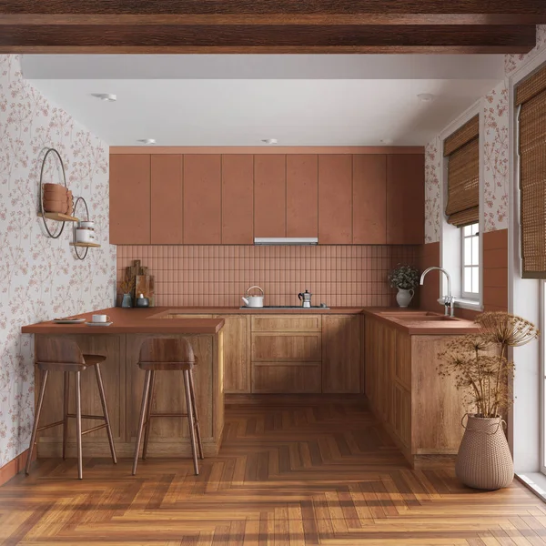 Farmhouse kitchen in white and orange tones. Wooden cabinets, island with stools, parquet floor. Modern interior design