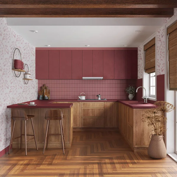 Farmhouse kitchen in white and red tones. Wooden cabinets, island with stools, parquet floor. Modern interior design