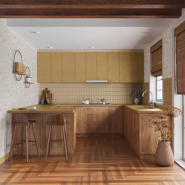 Farmhouse kitchen in white and yellow tones. Wooden cabinets, island with stools, parquet floor. Modern interior design