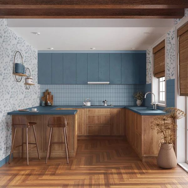 Farmhouse kitchen in white and blue tones. Wooden cabinets, island with stools, parquet floor. Modern interior design