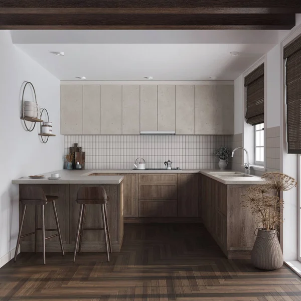 Farmhouse kitchen in white and beige tones. Dark wooden cabinets, island with stools, parquet floor. Modern interior design