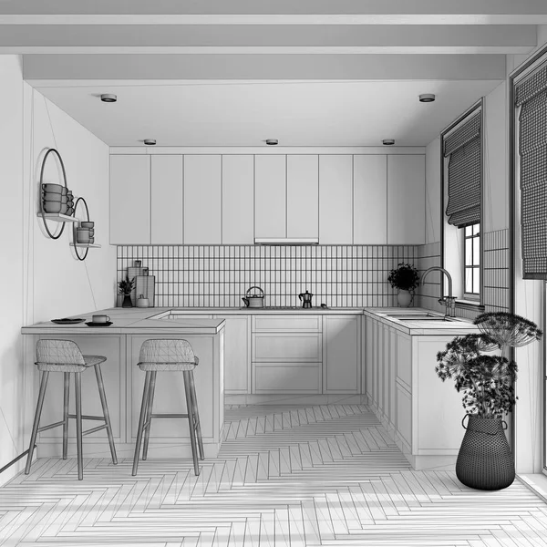 Blueprint unfinished project draft, farmhouse kitchen. Wooden cabinets, island with stools, parquet floor. Modern interior design