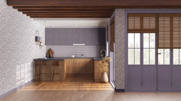 Rustic wooden kitchen in white and purple tones. Cabinets, island with stools, parquet floor. Door and window. Farmhouse interior design
