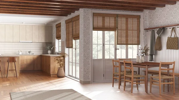 Farmhouse kitchen and dining room in white and beige tones. Wooden cabinets, island with stools, table with chairs. Modern interior design