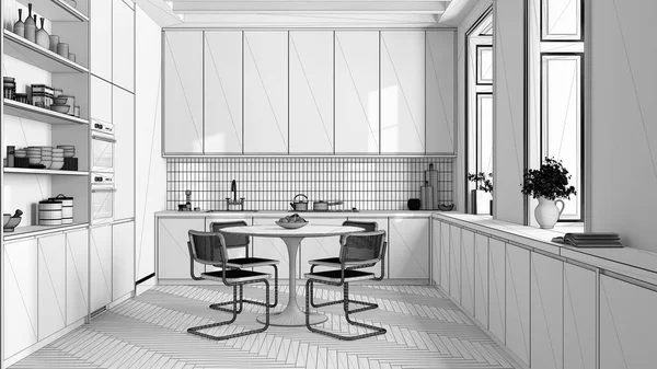 Blueprint unfinished project draft, modern trendy kitchen and dining room. Wooden cabinets and big window. Minimalist farmhouse interior design