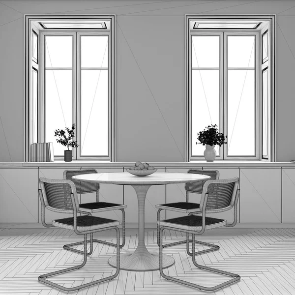 Blueprint unfinished project draft, farmhouse wooden kitchen with dining room. Cabinets and table with chair. Wallpaper and parquet floor. Suburban interior design