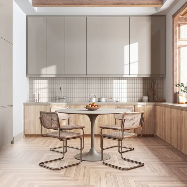Wooden kitchen and dining room in white and bleached tones. Cabinets and table with chair. Wallpaper and parquet floor. Farmhouse interior design