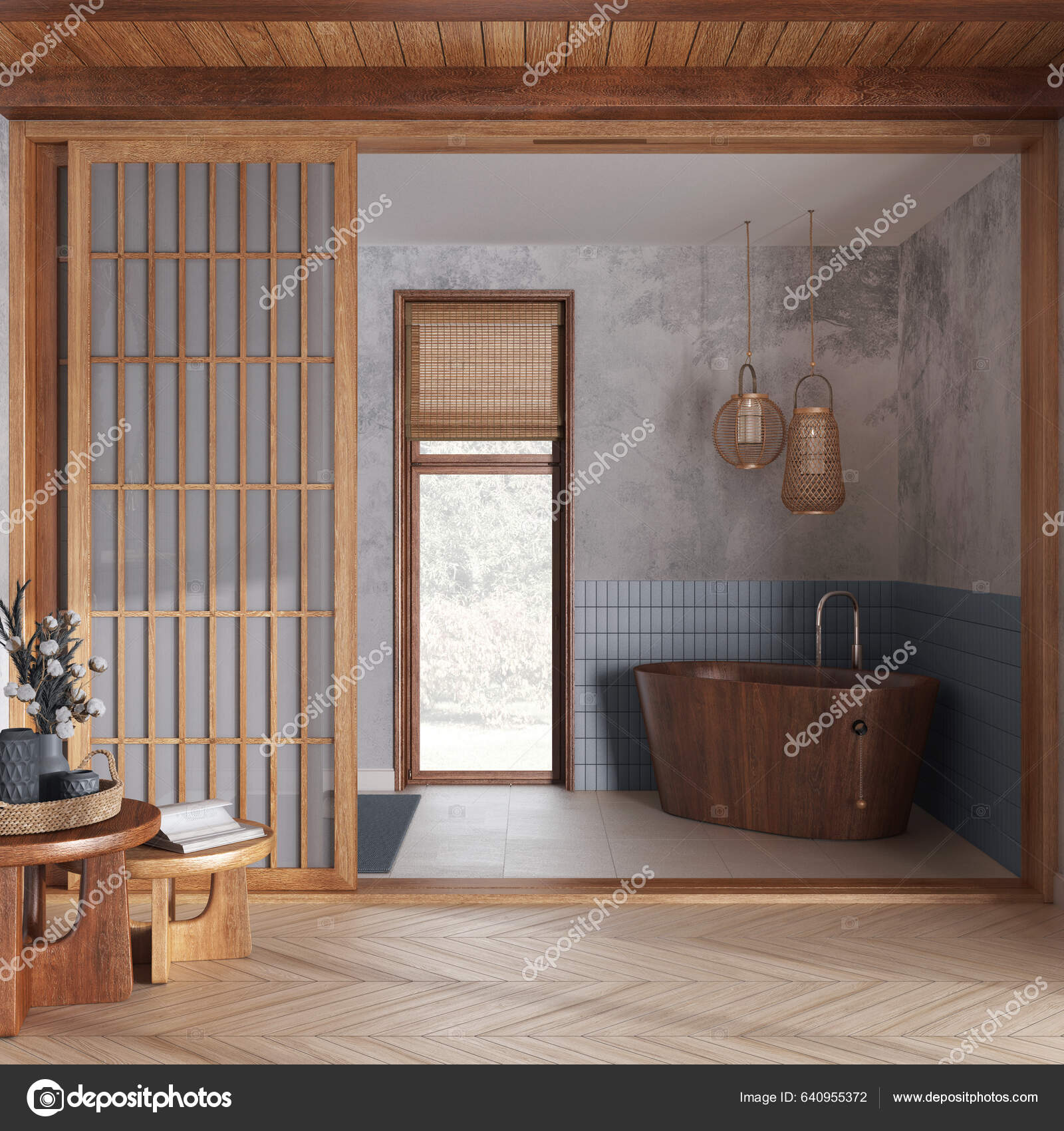 Wooden Spa Hotel Suite Bathroom Freestanding Bathtub Paper Sliding Doors —  Stock Photo © ArchiVIz #640955372, image size:1600x1700