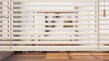 White venetian blinds close up view, over farmhouse scandinavian hallway with bench, interior design, privacy concept