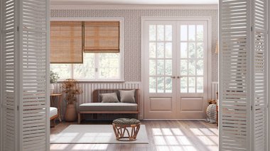 White folding door opening on scandinavian living room with rattan furniture, bright parquet floor, modern interior design, architect designer concept