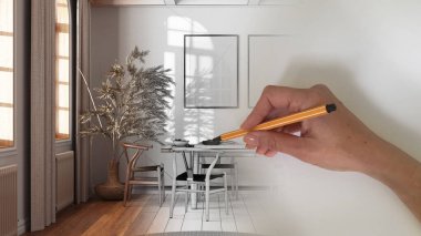 Architect interior designer concept: hand drawing a design interior project while the space becomes real, japandi farmhouse dining room with frame mockup