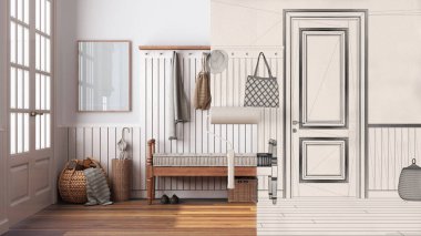 Paint roller painting interior design blueprint sketch background while the space becomes real showing scandinavian hall. Before and after concept, designer creative work flow