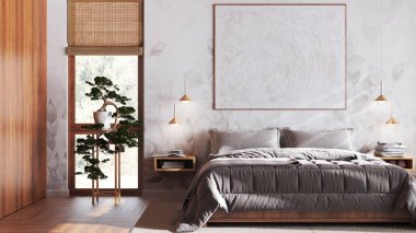 Bohemian wooden bedroom in white and beige tones, close up. Double bed, pine bonsai, parquet floor and wallpaper. Japandi interior design