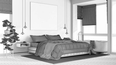 Blueprint unfinished project draft, contemporary wooden bedroom with bathtub. Double bed, freestanding bathtub, parquet and wallpaper. Japandi interior design