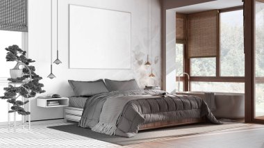 Architect interior designer concept: hand-drawn draft unfinished project that becomes real, contemporary wooden bedroom with bathtub. Japandi style