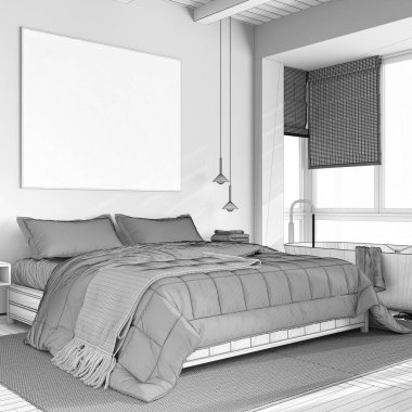 Blueprint unfinished project draft, japandi wooden bedroom with bathtub. Double bed, freestanding bathtub and parquet floor. Modern interior design