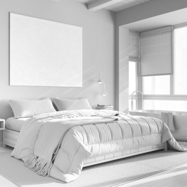 Total white project draft, japandi wooden bedroom with bathtub. Double bed, freestanding bathtub and parquet floor. Modern interior design