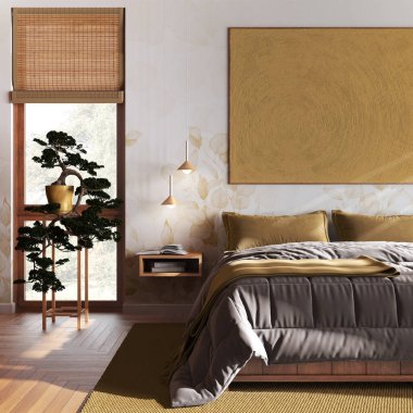 Japandi wooden bedroom with bathtub in white and yellow tones, close up. Master bed, parquet, windows and wallpaper. Contemporary interior design