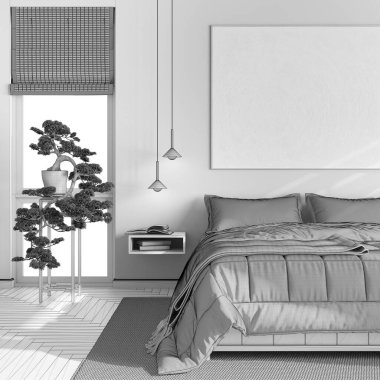 Blueprint unfinished project draft, japandi wooden bedroom with bathtub, close up. Master bed, parquet and windows. Contemporary interior design