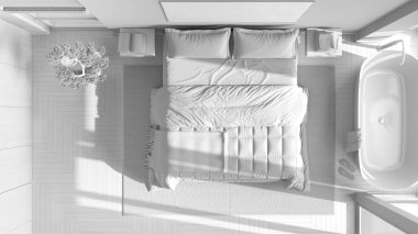 Total white project draft, contemporary wooden bedroom with bathtub. Double bed, freestanding bathtub and parquet floor. Top view, plan, above. Japandi interior design