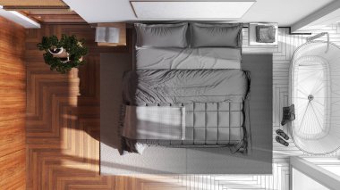Architect interior designer concept: hand-drawn draft unfinished project that becomes real, contemporary wooden bedroom with bathtub. Top view, plan, above. Japandi style
