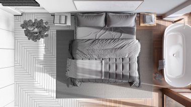 Architect interior designer concept: hand-drawn draft unfinished project that becomes real, contemporary wooden bedroom with bathtub. Top view, plan, above. Japandi style