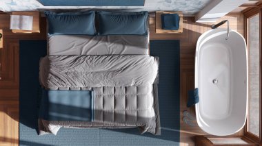 Japandi wooden bedroom with bathtub in white and blue tones. Master bed, parquet, windows and wallpaper. Top view, plan, above. Modern interior design