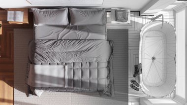 Architect interior designer concept: hand-drawn draft unfinished project that becomes real, japandi wooden bedroom with bathtub. Top view, plan, above. Modern style