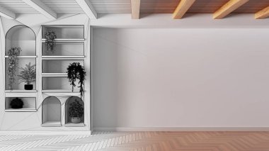 Architect interior designer concept: hand-drawn draft unfinished project that becomes real, empty room interior design with copy-space. Shelves and niches with potted plants