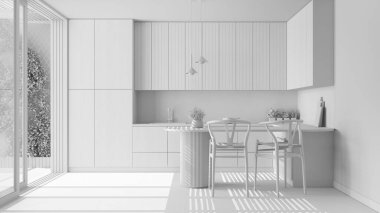 Total white project draft, scandinavian kitchen. Island with stools and decors, parquet floor. Japandi interior design