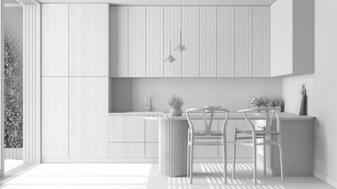 Total white project draft, japandi modern wooden kitchen. Dining island with chairs. Herringbone parquet floor and potted plants. Scandinavian interior design