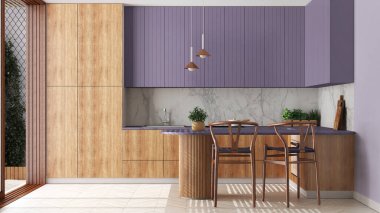 Japandi modern wooden kitchen in purple tones. Dining island with chairs. Herringbone parquet floor and potted plants. Scandinavian interior design