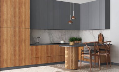 Modern scandinavian wooden kitchen in gray tones. Dining island with chairs. Herringbone parquet floor and potted plants. Contemporary interior design