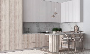 Modern scandinavian bleached wooden kitchen in white tones. Dining island with chairs. Herringbone parquet floor and potted plants. Contemporary interior design