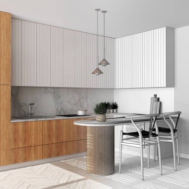 Architect interior designer concept: hand-drawn draft unfinished project that becomes real, scandinavian contemporary kitchen. Japandi style