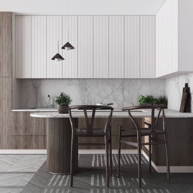 Japandi dark wooden kitchen in white tones. Dining island with chairs. Herringbone parquet floor and potted plants. Contemporary interior design