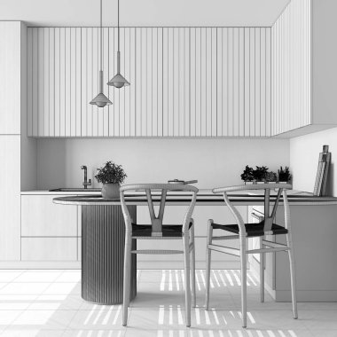 Blueprint unfinished project draft, japandi wooden kitchen. Dining island with chairs. Herringbone parquet floor and potted plants. Contemporary interior design