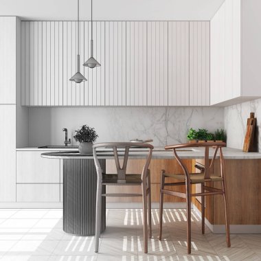 Architect interior designer concept: hand-drawn draft unfinished project that becomes real, japandi wooden kitchen. Dining island with chairs. Contemporary style