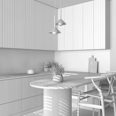 Total white project draft, modern japandi kitchen. Dining island with chairs. Herringbone parquet floor and potted plants. Wooden interior design