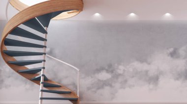 Wooden spiral staircase in modern hallway in white and gray tones. Bottom view, spotlights, template mockup. Goals achievement concept