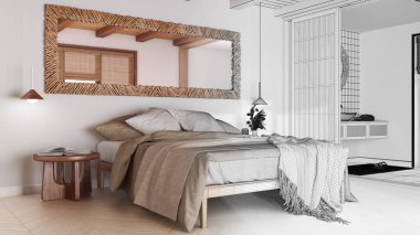 Architect interior designer concept: hand-drawn draft unfinished project that becomes real, spa, hotel suite. Bedroom and bathroom. Parquet floor and tiles, japandi style