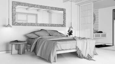 Blueprint unfinished project draft, spa, hotel suite. Bedroom and bathroom. Double bed, paper door and washbasin. Parquet floor and tiles, japandi interior design