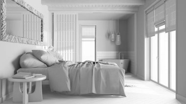 Total white project draft, japandi bedroom and bathroom. Double bed, paper door and wooden bathtub. Parquet floor and tiles, farmhouse interior design