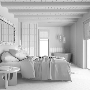 Total white project draft, wooden bedroom and bathroom with herringbone parquet floor. Double bed, paper door and wooden bathtub. Farmhouse interior design
