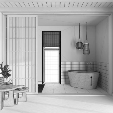 Blueprint unfinished project draft, wooden spa, hotel suite. Bathroom with freestanding bathtub and paper sliding doors. Parquet floor and tiles. Japandi interior design